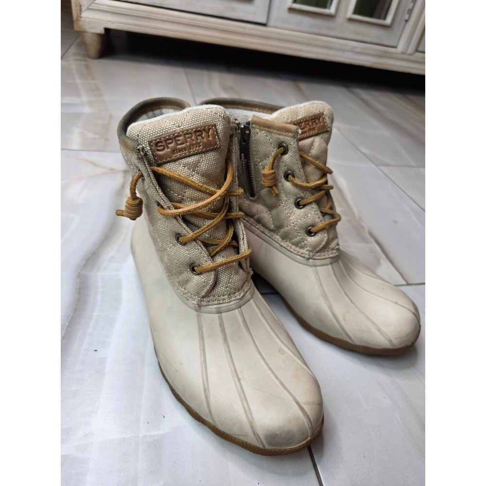 Sperry Top-Sider Saltwater Duck Boots Womens 7.5 Tan Quilted Canvas STS99071 A2 - Picture 6 of 16